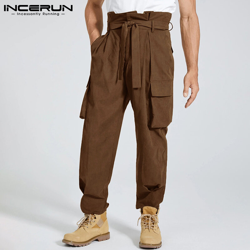 Elegante masculino cor sólida comeforable bem adequado pantalons calças casuais rendas-up bolso carga calças compridas S-5XL 2021 incerun