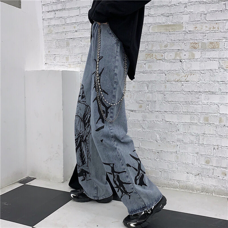 2021 nova moda verão ins rua hip-hop impressão lavagem jeans solto casual denim calças de perna larga maré mulher za4395