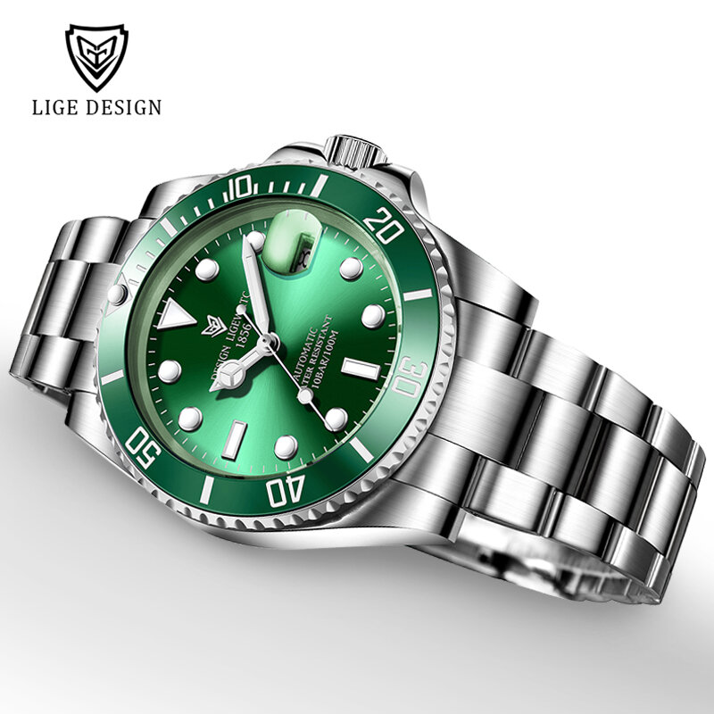 LIGE-Reloj de acero inoxidable para hombre, accesorio masculino de pulsera resistente al agua con mecanismo automático de Tourbillon, complemento mecánico de marca de lujo disponible en color verde, 2021