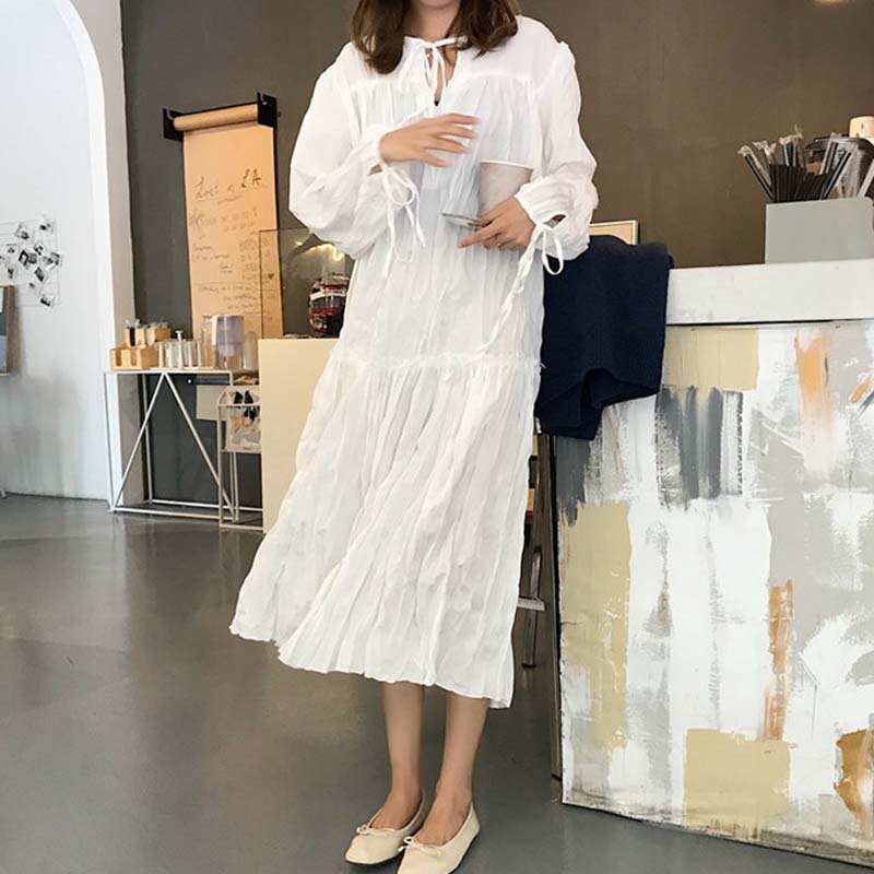 2021 estate nuova vacanza coreana abiti larghi donna tinta unita pieghettato quotidiano o-collo dolce College elegante elegante Mujer Ulzzang