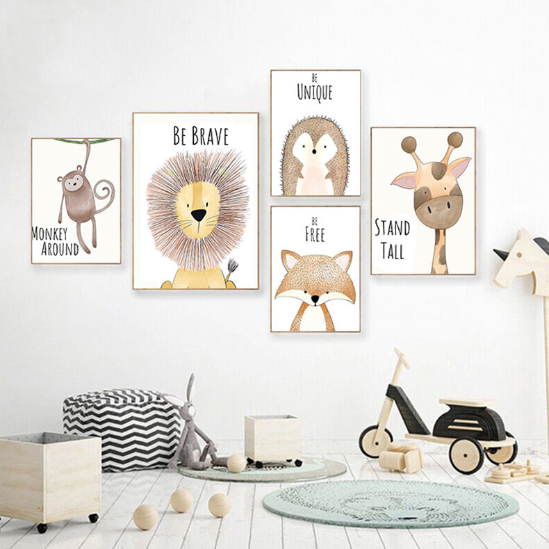 Imagem decorativa de animais fofos de desenho animado, arte de parede para crianças para quarto das crianças