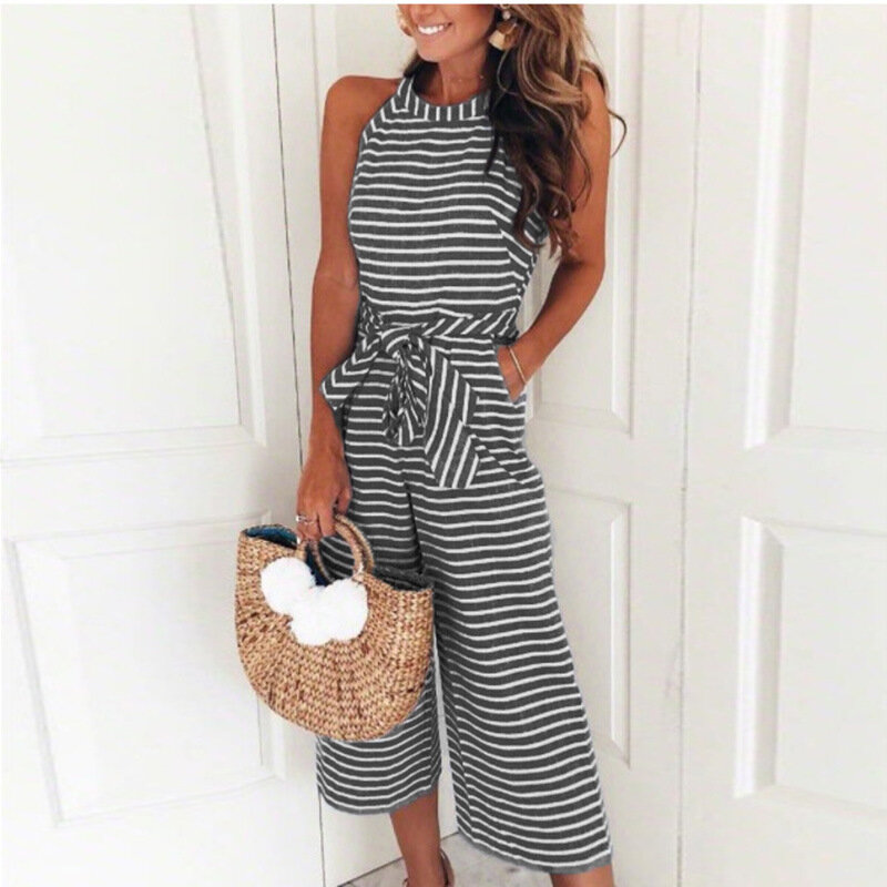 2020 new Jumpsuit Women Striped Printed Lace-up Pocket O-neck Sleeveless Long Wide Leg Pants Summer Black Pink Jumpsuit