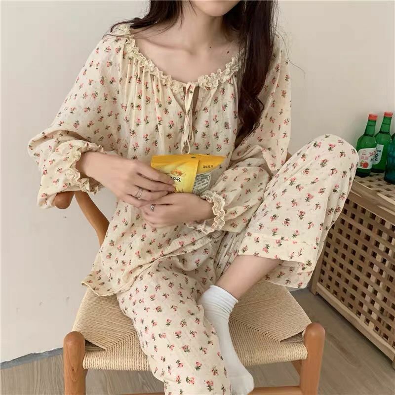 QWEEK Floral Japanese Room Wear Summer Autumn Pajamas Women's Home Clothes Long Sleeve Nightwear Peignoirs Nightgowns