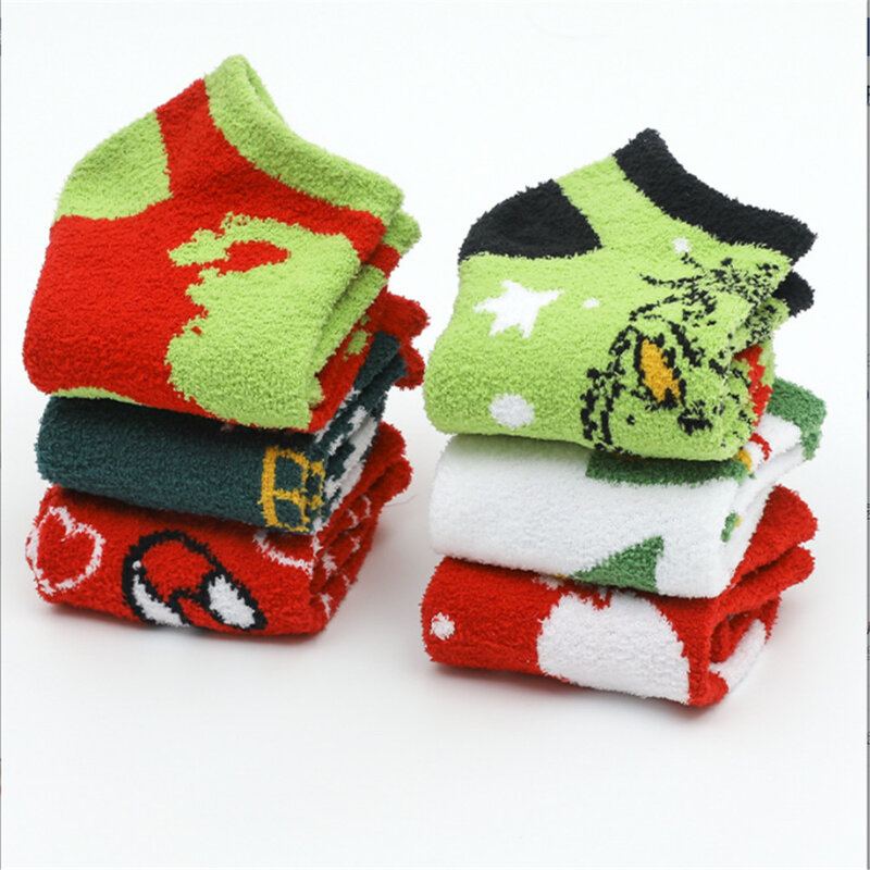 Chaussettes en molleton de corail pour femmes, chaussettes de Couple, de noël, d'hiver, Kawaii, de personnalité, Grinch, nouvelle collection