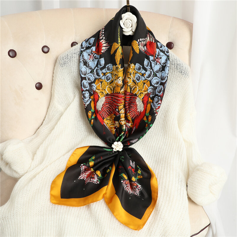 De moda de satén de seda hiyab de bufanda cuadrada de las mujeres impresión Bandana diadema musulmán chales bolsa abrigo bufanda pañuelo Foulard 90*90cm
