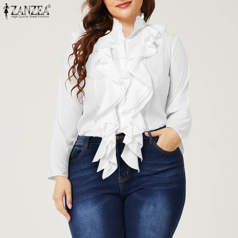 ZANZEA Plus Size primavera autunno donna camicetta donna tunica top increspature camicie da ufficio manica lunga elegante lavoro balze Blusas 3XL