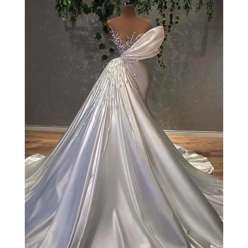 White Luxury Elegant Wedding Dresses Sleeveless Beading Crystals Sparkly Long Sweep Train Women Mermaid Bridal Gowns Custom Made