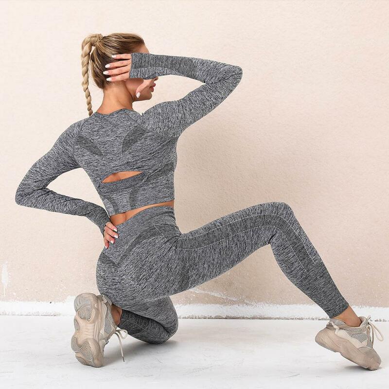 2 pçs conjunto de ginásio yoga esportes terno feminino sem costura leggings push up colheita topo manga longa superior treino roupas de fitness