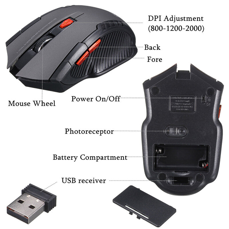 ワイヤレス光学式ゲーミングマウス,2000dpi,2.4GHz,ゲーミングPC,ラップトップ,ゲーマー用,USBレシーバー付き,直接配達