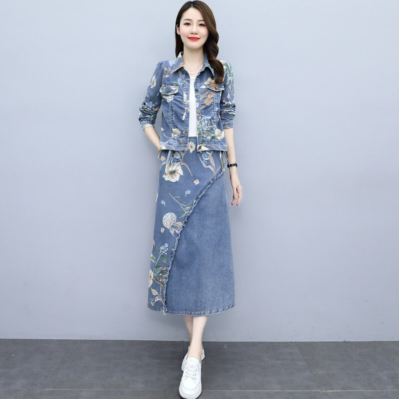 2021 Autumn New Elegant Simple Younger Peter Pan Collar Graceful And Fashionable Denim Printing Two-Piece Suit Skirt
