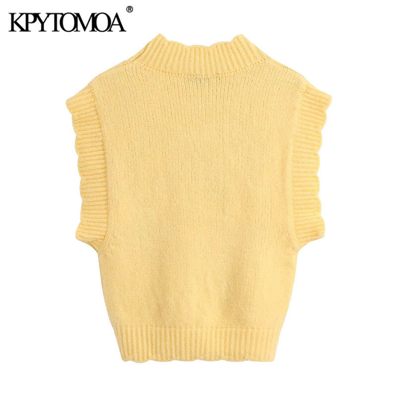 KPYTOMOA — Gilet tricoté pour femmes, tops chic vintage à la mode, matière douce avec images florales, broderie, col haut sans manches femme, 2020