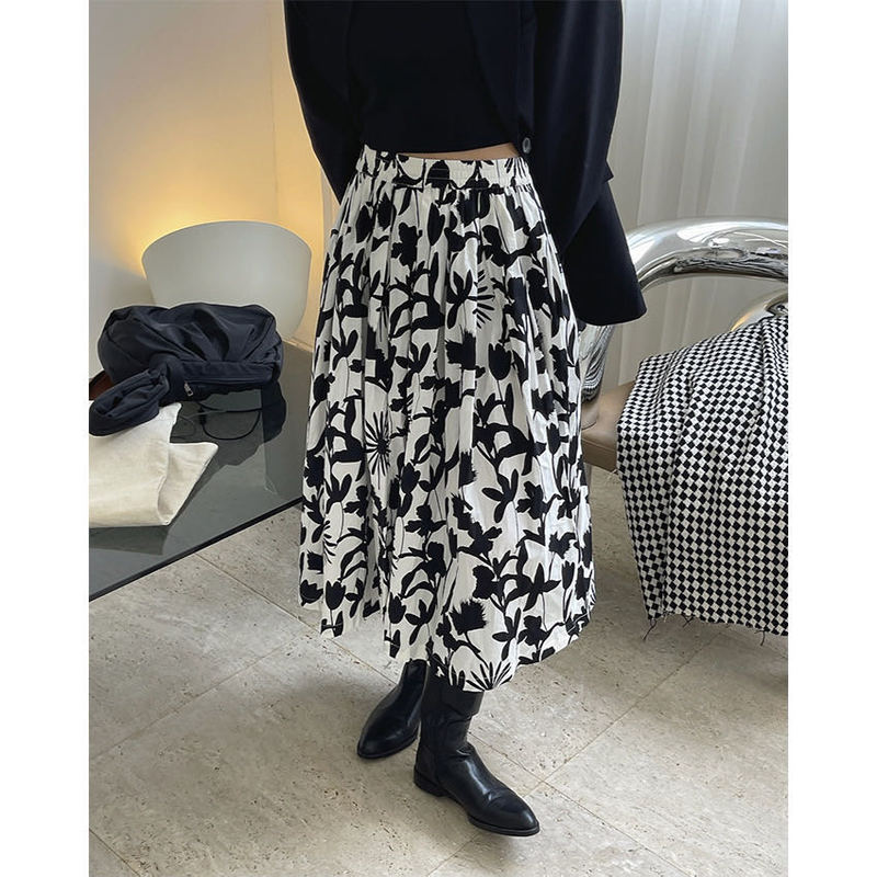Autumn French Temperament Literary Print Elastic High Waist A-line Skirt Loose and Thin Casual Mid-length Women's Skirt WE440