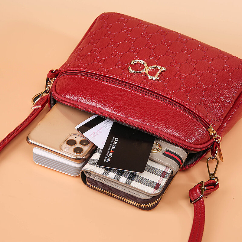 Bolso bandolera de cuero suave para mujer, bolsa pequeña redonda de color rojo, versátil, con múltiples lados, 2020