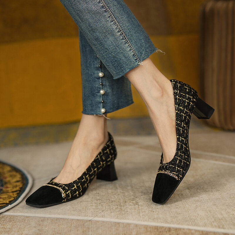 Luxury Brand Square High Heels Shoes Women Fashion Gold Metal Chain Tweed Woman Shoes Female Pumps Spring Slip on Party Shoes