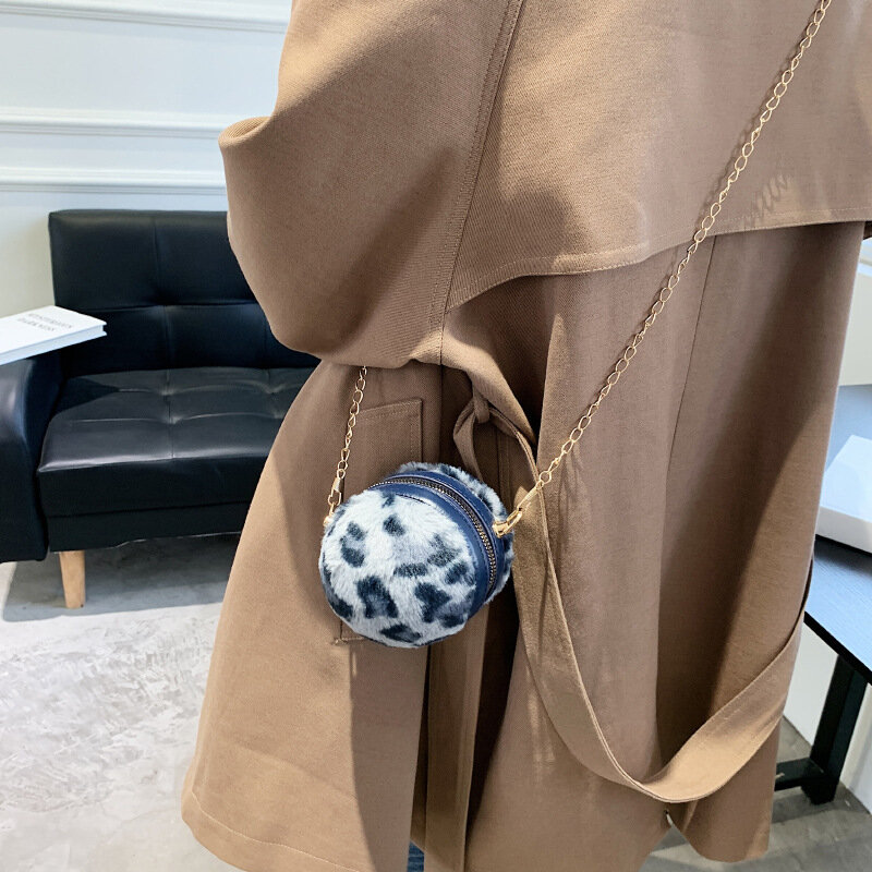 Mini torba dla kobiet 2021 zima nowy Leopard pluszowa torba na ramię Crossbody okrągła kula torba na łańcuszku luksusowy projektant Bolsa Feminina