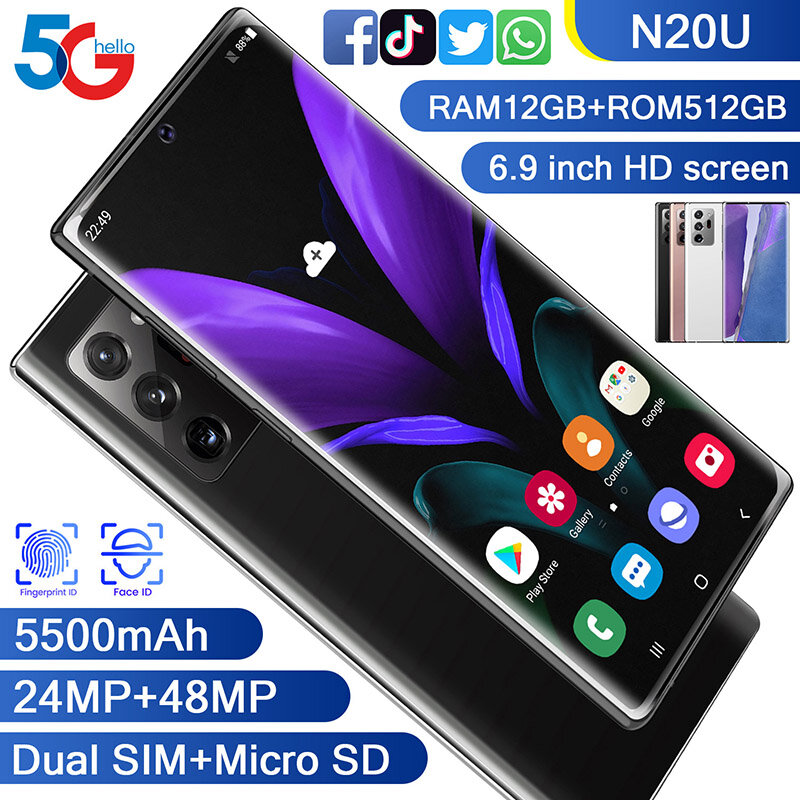 Galxy N20U Smartphone FullScreen 8-core 256 GB Android 10 Snapdragon 865 Finger Face ID Dual Camera 4G Smart Mobile Phone