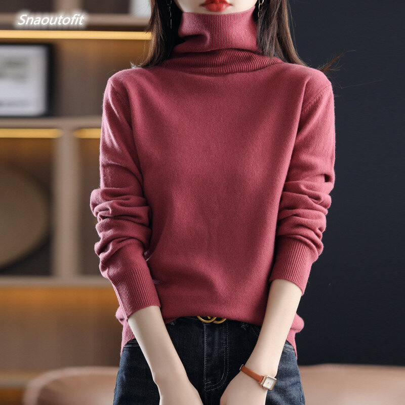 새로운 가을, 겨울 높은 목 여성 스웨터 100 순수 양모-긴팔 니트 바닥 셔츠 느슨한 풀오버 한국어 스웨터