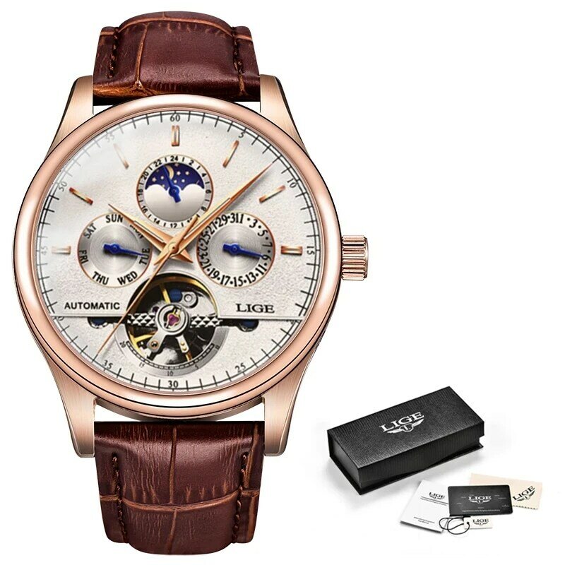 LIGE ساعة الموضة الفاخرة العلامة التجارية جلدية توربيون ساعة التلقائي الرجال ساعة اليد الرجال الميكانيكية الصلب الساعات Montre Homme 2020