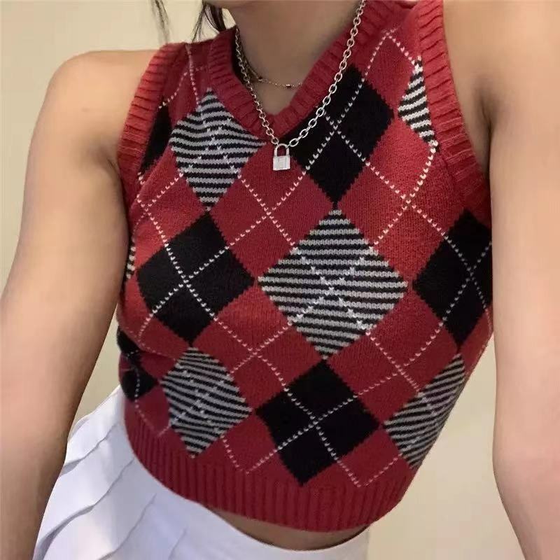 Vintage argyle camisola colete feminino 2020 regata com decote em v preto sem mangas xadrez malha colheita blusas casual outono estilo preppy