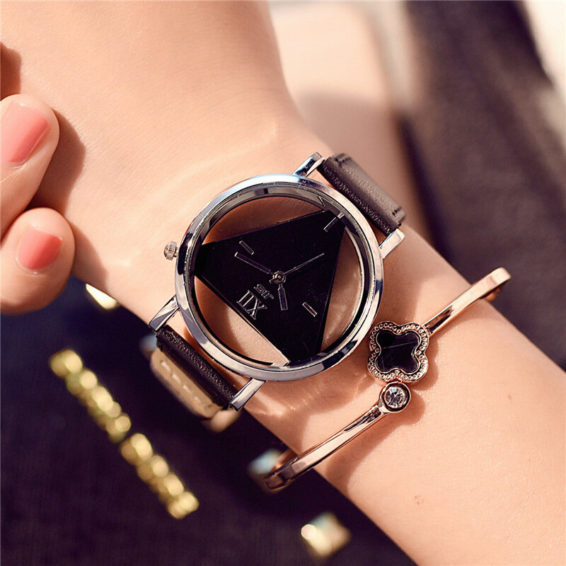 Оригинальные женские часы с треугольным циферблатом, Модные кварцевые наручные часы, простые черно-белые кожаные часы унисекс