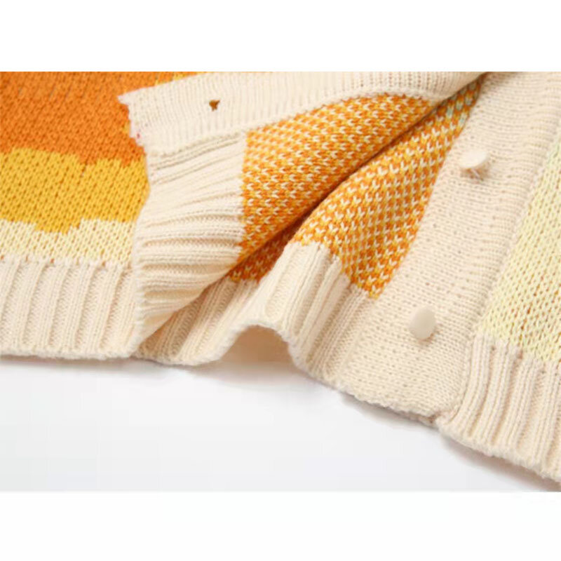 Женский короткий вязаный свитер, винтажный однобортный Свободный кардиган с принтом в виде солнечного света, Осень-зима