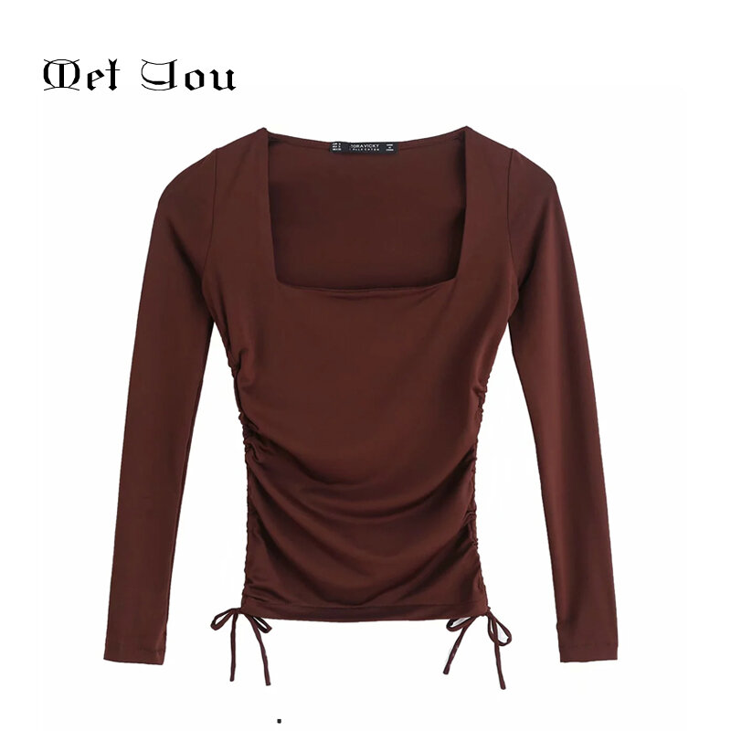 Za 2020 feminino estiramento quadrado pescoço plissado topos outono cor sólida manga longa curto recortada sexy pulôver met016