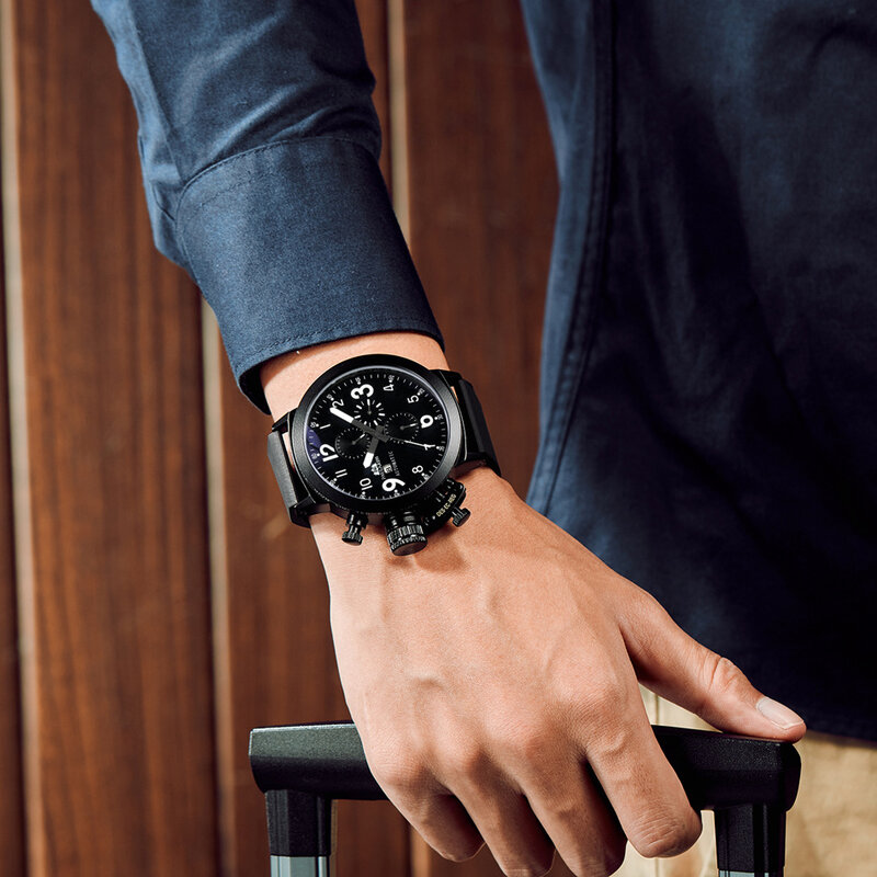Marca de luxo Top Self Winding Watch masculino, relógios de pulso esportivos, pulseira de borracha militar, U relógios de mão esquerda