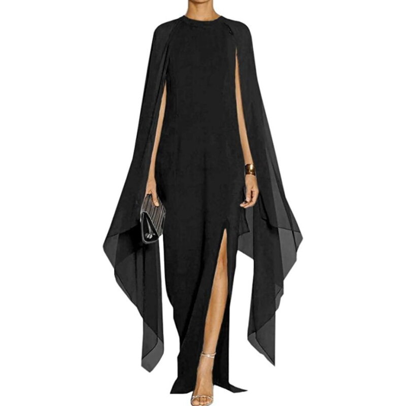 Gaun Malam Formal Panjang Pergelangan Kaki Lengan Tinggi Celah Tinggi Elegan Wanita Lengan Suar Pesta dengan Mantel