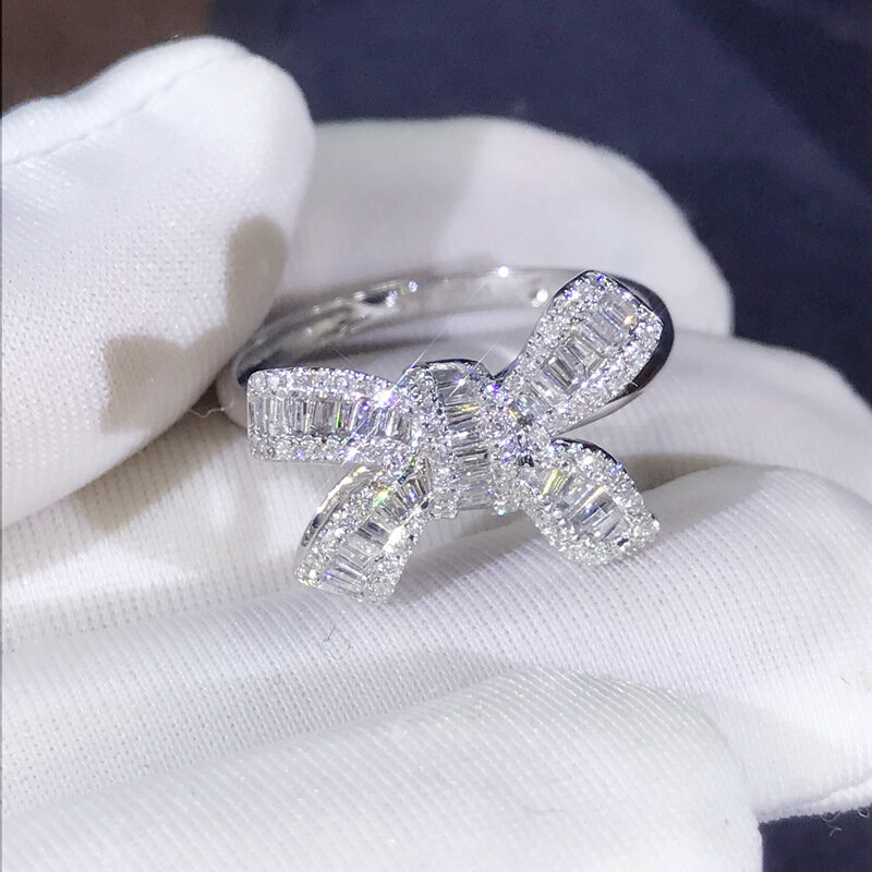 S925 Sterling Silver Color Bowknot Bow Knot Bling Zircon Stone Rings for Women Fashion Wedding Engagement Jewelry 2019 New
