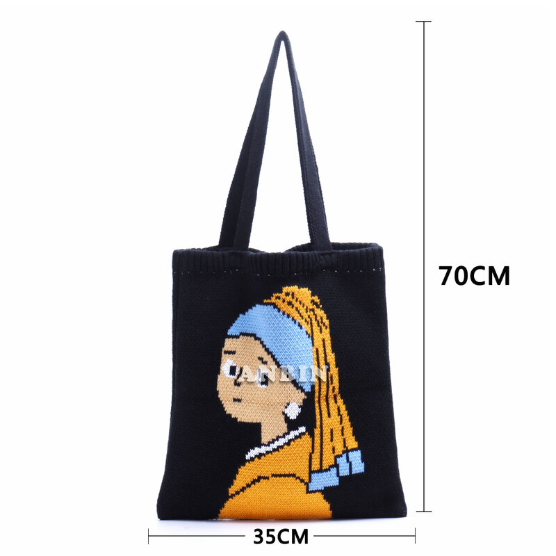 Sacos de ombro feminino clássico menina padrão de malha tote anime woolen tecido senhora bolsas casual grande capacidade viagem saco de compras