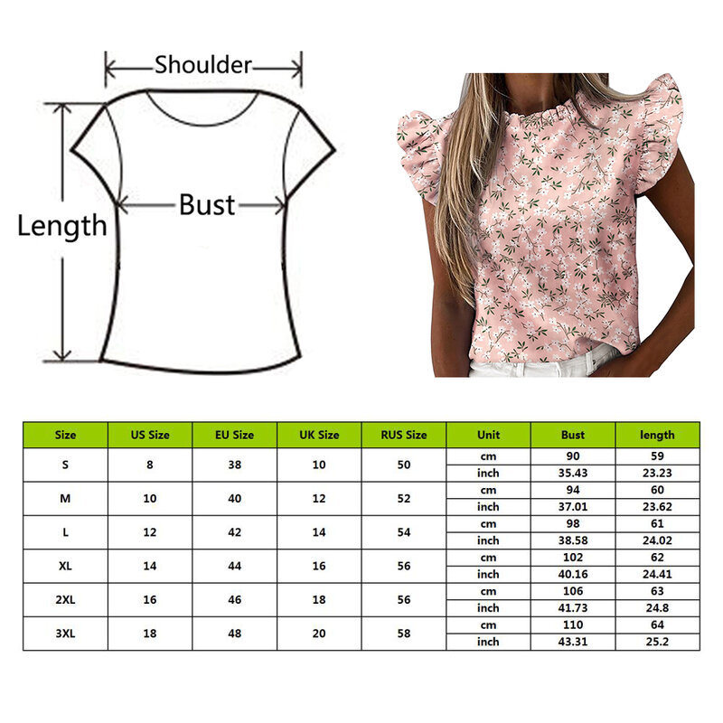 Women's Summer Ruffle Blouse 2021 New Sexy Short Sleeve Round Neck Print Shirt Female Fashion Plus Size Pullover Clothes