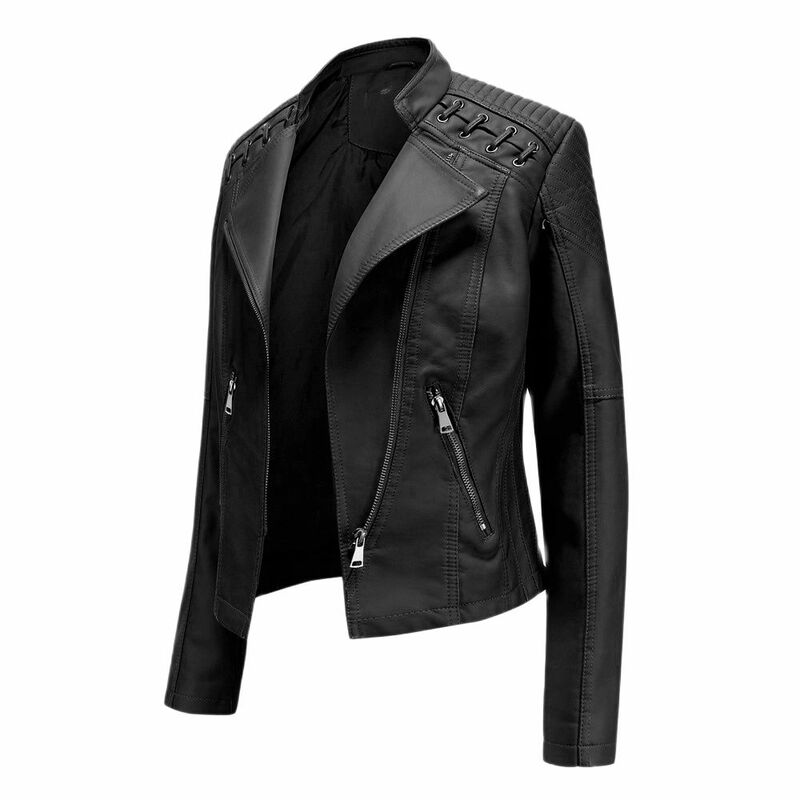 Chaqueta de locomotora salvaje para mujer, chaqueta holgada de cuero PU negro de alta calidad, con cremallera y cuello vuelto, a la moda, 2021