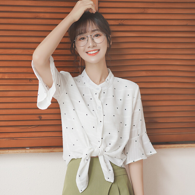 Chic Khaki 2020 New Loose Student Design Polka Dot Floral Top Women's Short Sleeve Lace-up Chiffon Shirt Summer