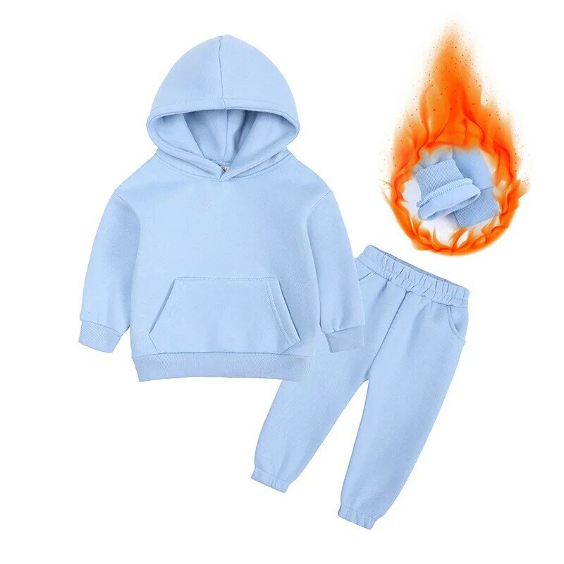 Roupa das crianças crianças roupas da menina conjunto 2 pçs inverno quente velo sportsuit jogging hoodies moletom calça terno menino agasalho