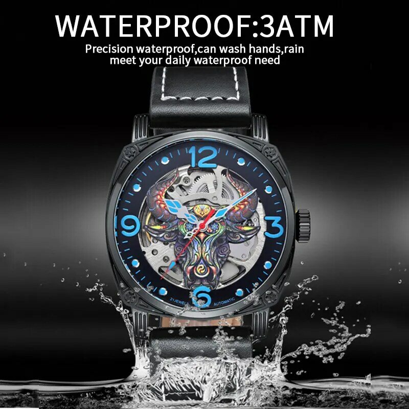 Reloj de pulsera mecánico automático para hombre, cronógrafo deportivo de cuero, luminoso, resistente al agua, 2021