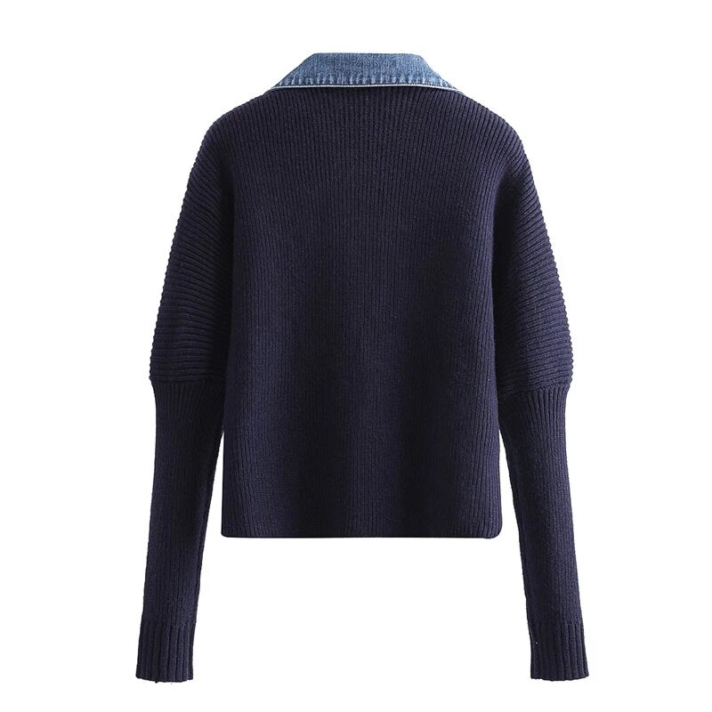 Cardigan tricoté en Denim à simple boutonnage pour femme, pull ample et polyvalent à manches longues, avec Patchwork, collection automne 2021