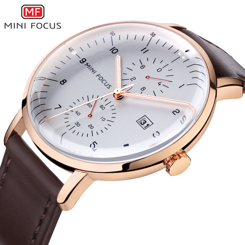 Mini Focus Mode Horloge Voor Mannen Quartz Klok Bruin Lederen Band Auto Datum Display Business Klassieke Horloges