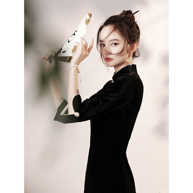 현대 민족 스타일 하라주쿠 블랙 패션 빈티지 우아한 슬림 Cheongsam 여성 중국어 드레스 전통 Hanfu 개선 Qipao