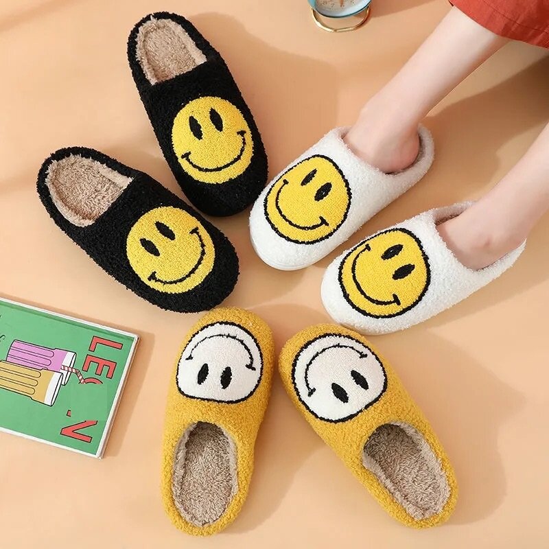 FUNNY FUNKY Winter Womens'Slippers Fluffy Faux Fur Smile Face Household Slippers Shoes for Women Female Home Shoes Dropshipping