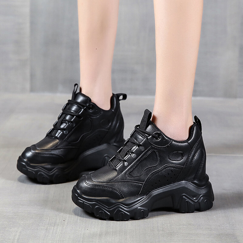 Zapatillas de deporte de cuero con plataforma para mujer, zapatos informales con cuña a la moda, con cordones, transpirables, KS2021