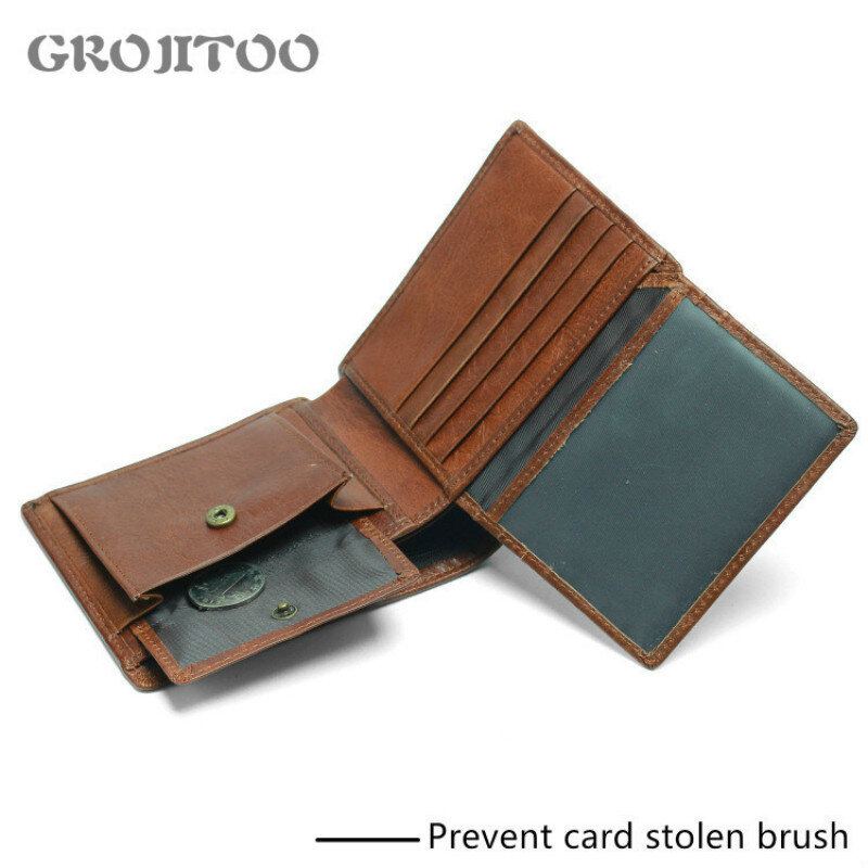 Grojitoo couro genuíno masculino walet men curto carteira multi-função flip duplo-fold couro bolsa de moedas