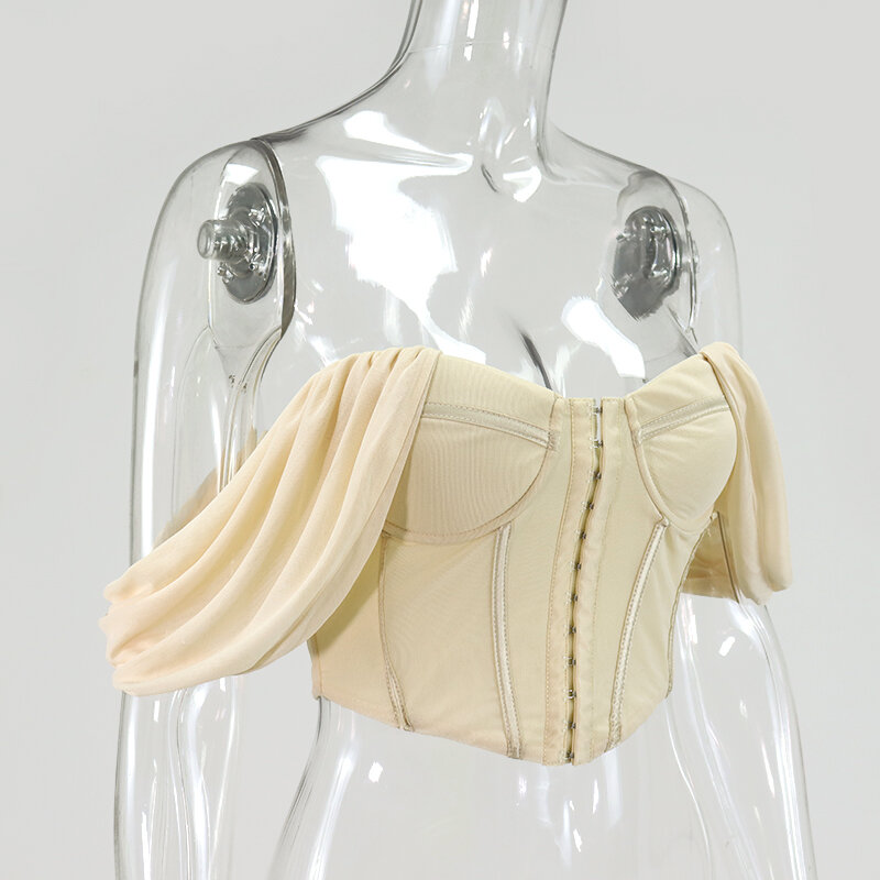 Newasia Uitbenen Corset Tops Vrouwen Sexy Off Shoulder Push Up Padded Blouses Zomer Beige Single-Breasted Mesh Blusas Roze bustier