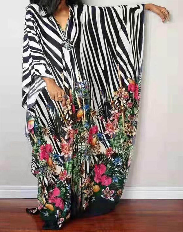African Long Dresses For Women Fashion Striped Floral Print Boubou 2021 New Chiffon Loose Streetwear Robe African Dress Vestidos