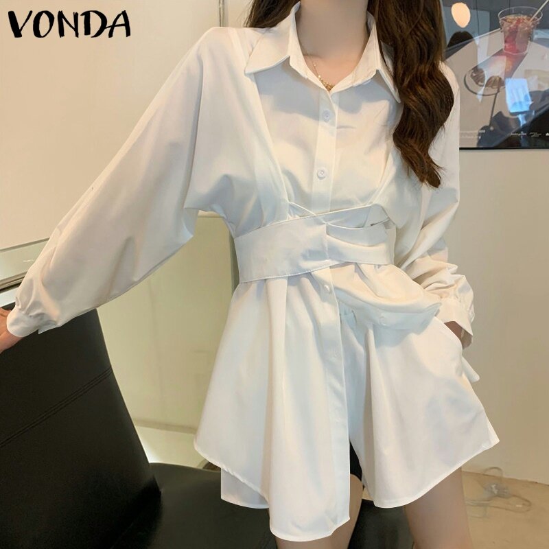 Elegant Office Shirts 2021 VONDA Women Casual Lapel Collar Solid Color Blouse Sexy Solid OL Tops Bohemian Blusas Femininas