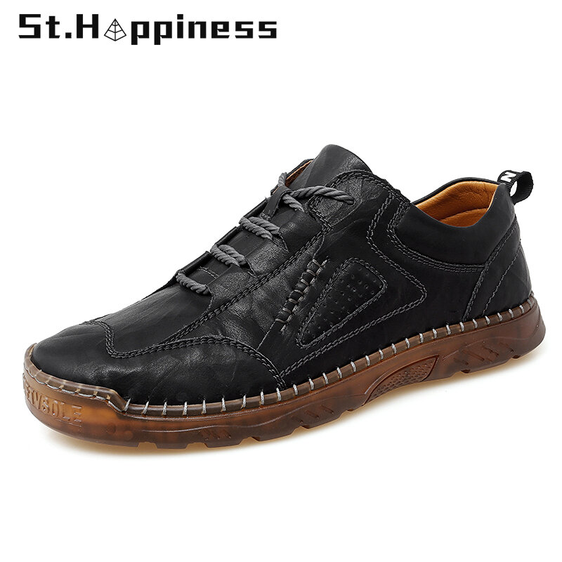 2021 Men Leather Shoes Outdoor Lace Up Driving Shoes Classic Moccasins Loafers Fashion Lightweight Soft Casual Shoes Big Size 47