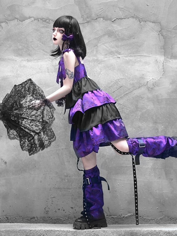 Diseño Original púrpura mariposa japonesa gótica pierna calentador oscuro Punk encaje costura pie calcetín verano rodilla manga