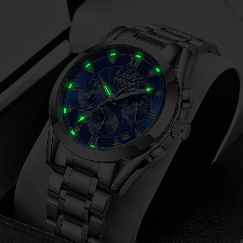 LIGE – montre à Quartz pour hommes, nouvelle mode, bleu, Top marque de luxe, horloge sport, chronographe, étanche, 2020