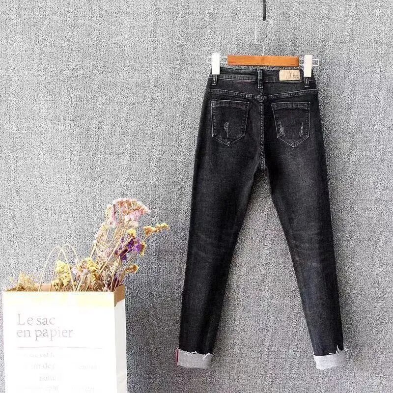 Calças de brim preto mais tamanho novas das mulheres pés calças de cintura alta elástico lápis apertado magro coreano moda flanging calças novo 2022