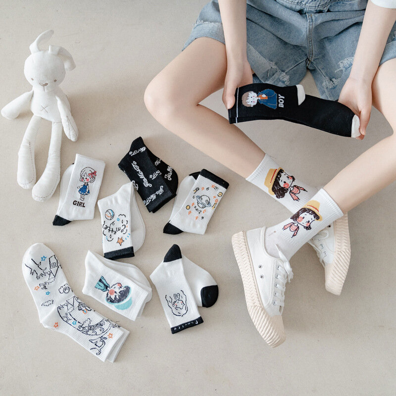 Chaussettes streetwear en coton pour femmes, chaussettes de dessin animé, blanches, mignonnes, sokken skarpetki damskie, kawaii, calcetines, mode coréenne