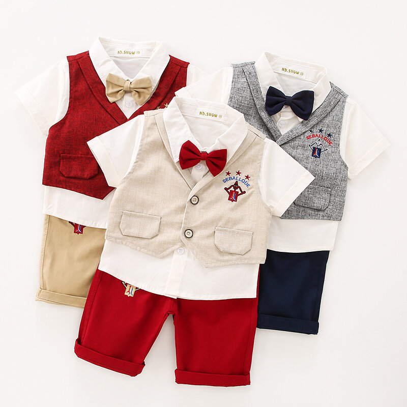 Newborn Boys Gentleman Clothes Summer Boys Clothes Short Sleeve Shirt Suspender Shorts With Vest 3PCS Sets